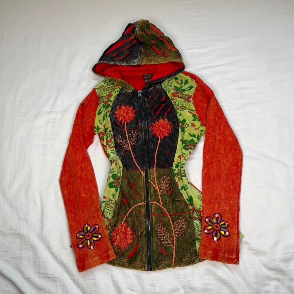 y2k Rising International red patchwork boho hippie floral long sleeve zip hoodie